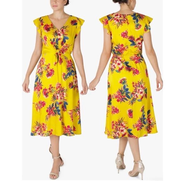 Julia Jordan Flutter Sleeve Tie Front Midi Dress Yellow Floral Size 6 - Picture 1 of 9